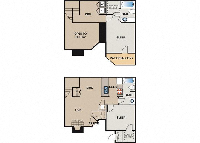 Floor plan for 2 beds, 2 baths, 1100 sqft